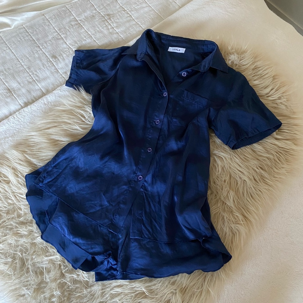 LUALA blue silk button up blouse short set